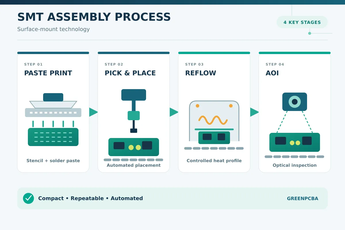 SMT PCB assembly process from solder paste printing to AOI inspection