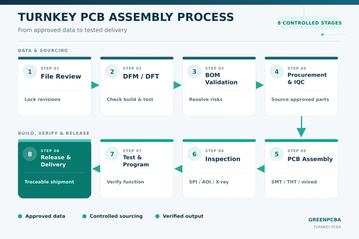 8-step turnkey PCB assembly process from file review to delivery
