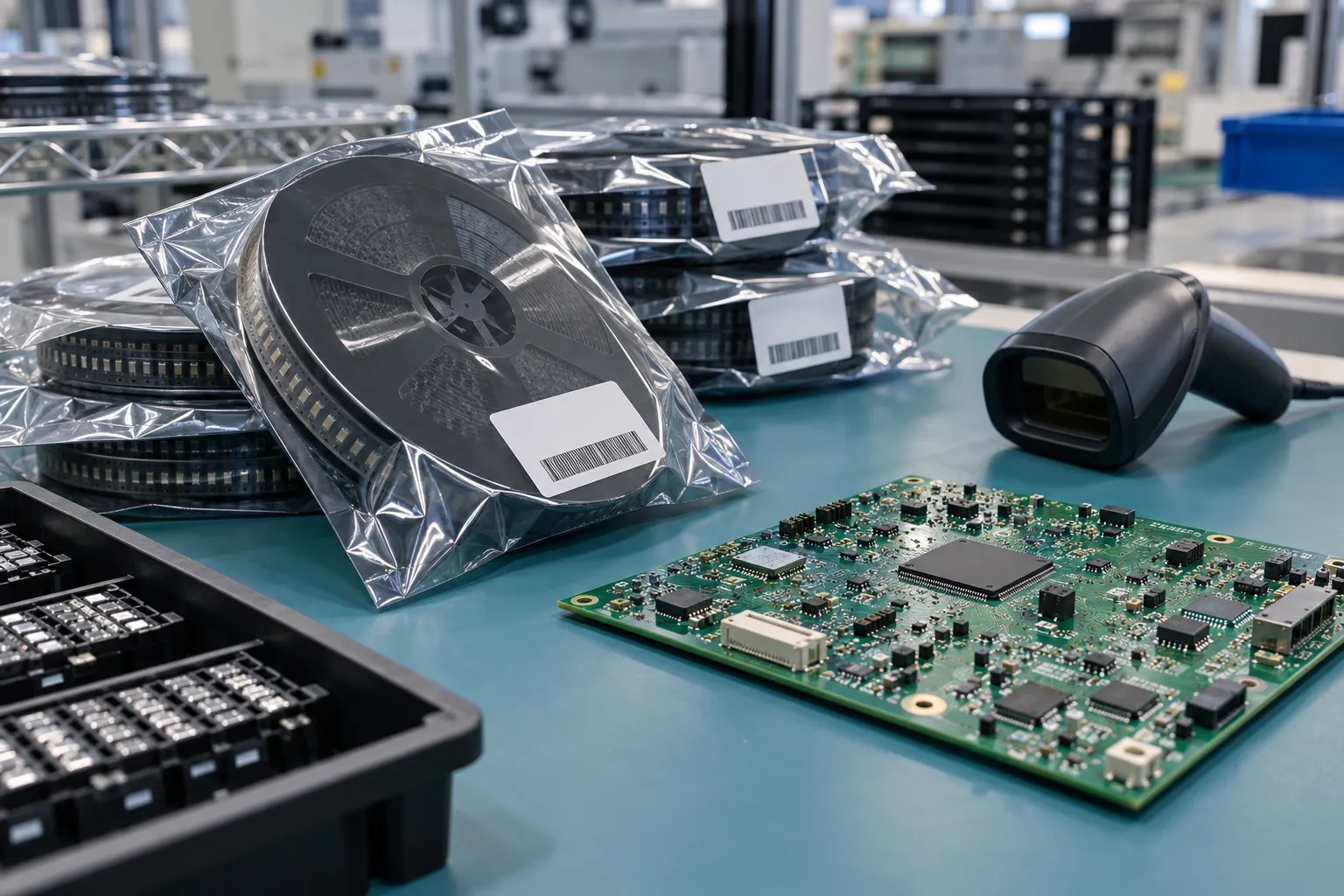Component reels with lot labels beside an assembled PCBA and barcode scanner Component reels with lot labels beside an assembled PCBA and barcode scanner